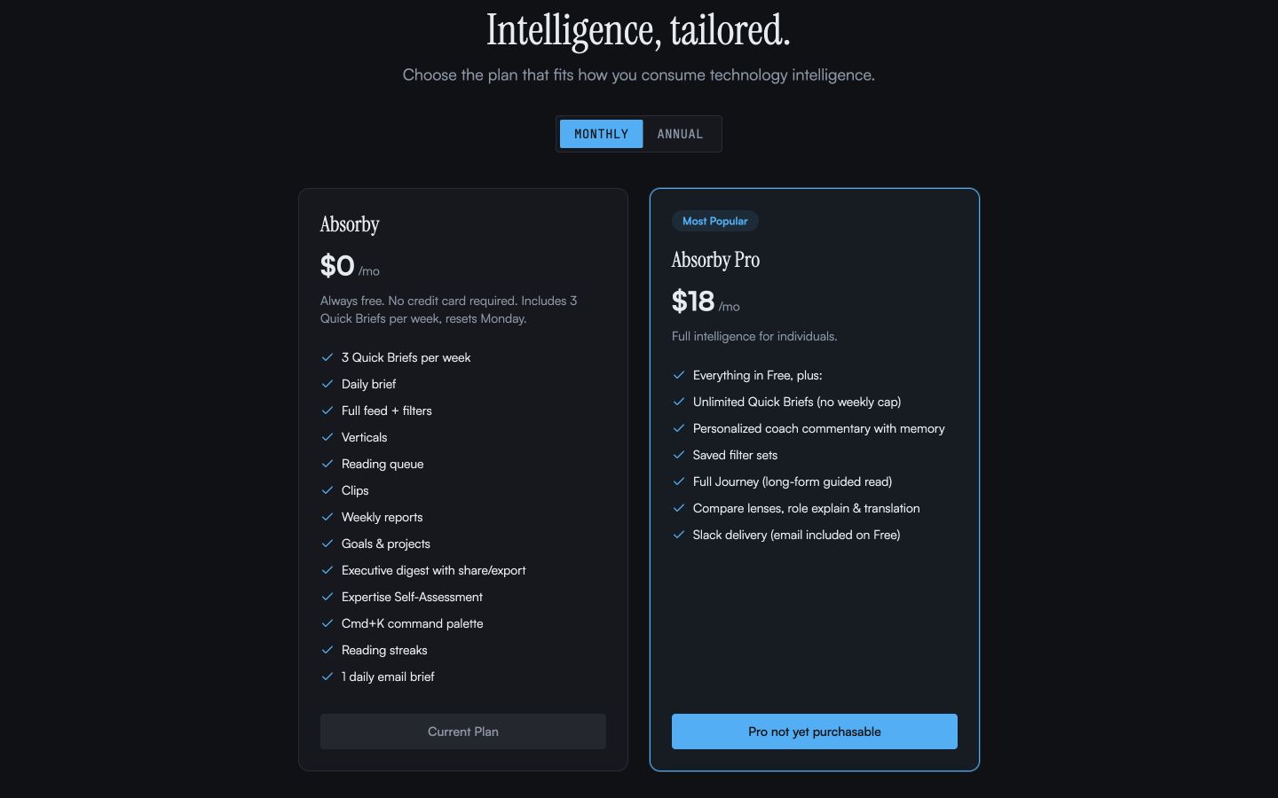 Absorby public pricing page listing daily briefs, feed filters, reading queue, executive digest and email brief