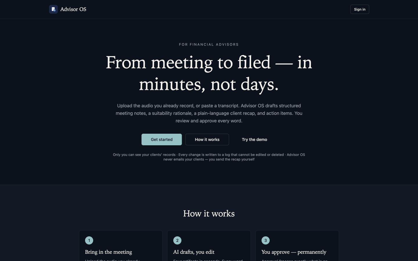 Advisor OS landing page: upload audio or paste a transcript; AI drafts notes, suitability rationale, recap and action items for advisor approval