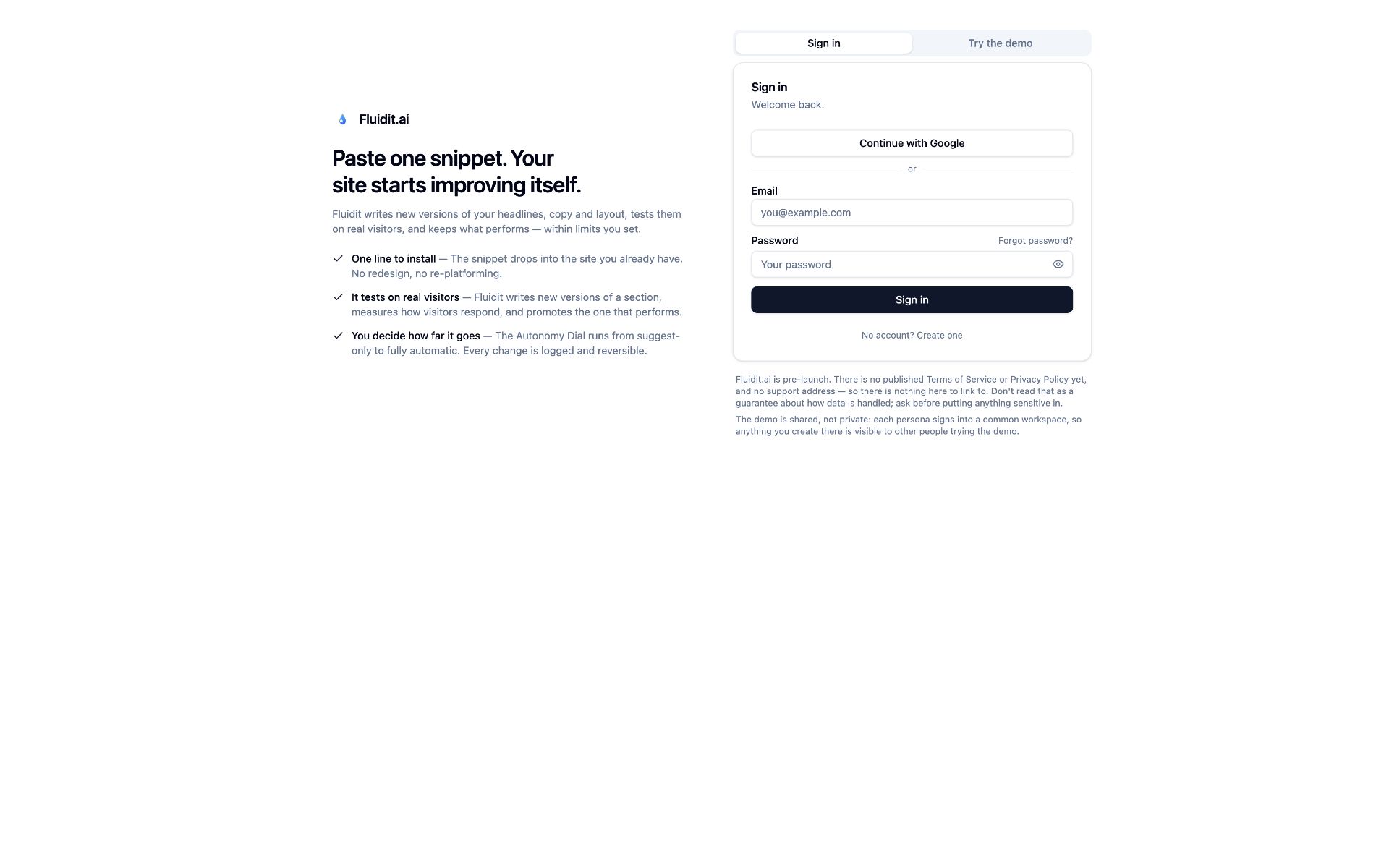 Fluidit.ai public sign-in page with its snippet and Autonomy Dial pitch, and a pre-launch notice