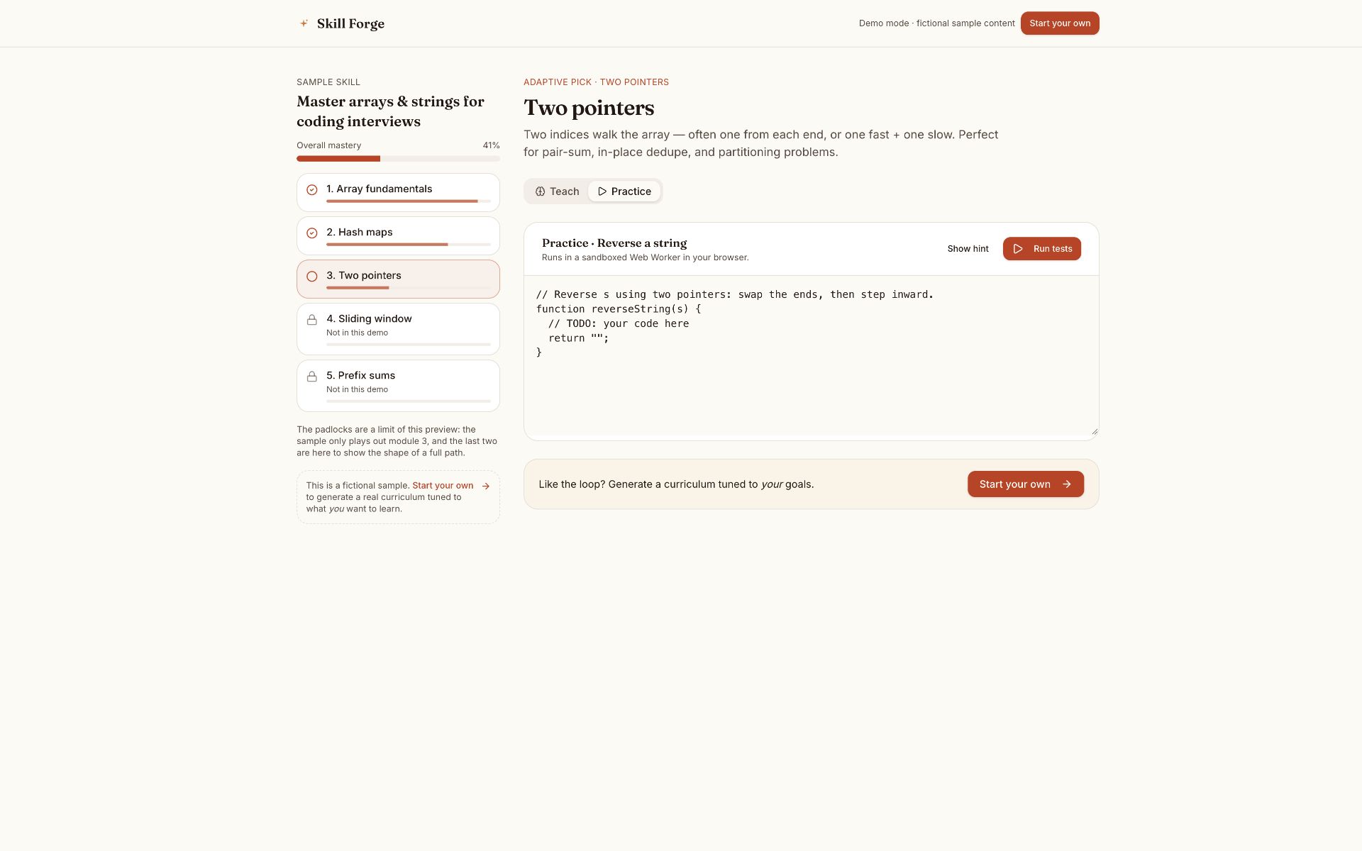 Skill Forge fictional demo: a sample coding-interview path, mastery bars, and the Two pointers code exercise